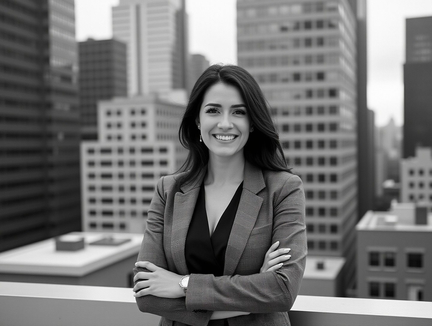 Urban rooftop setting overlooking a cityscape, demonstrating confidence and connection
