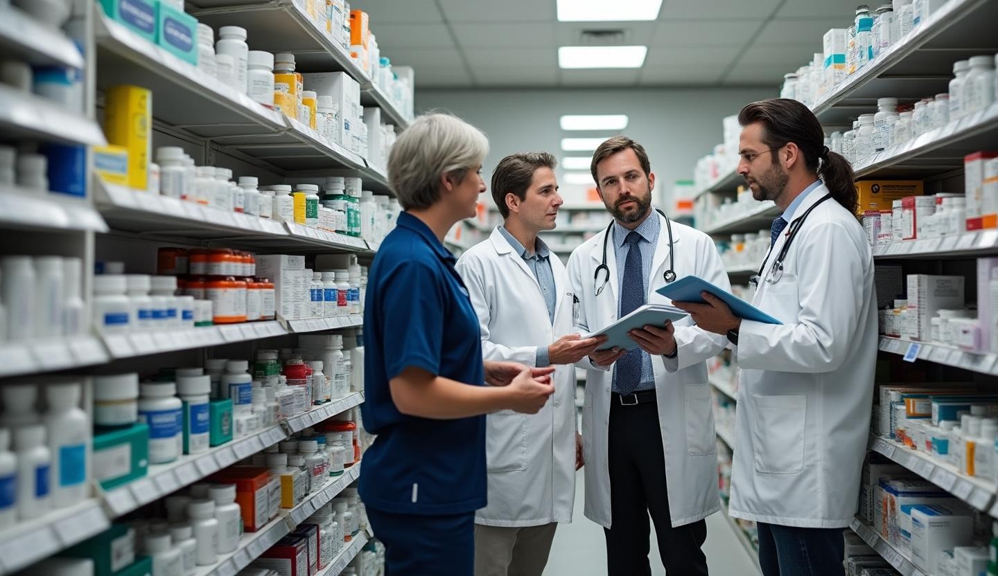 Pharmacy with shelves of medicine and prescription bottles