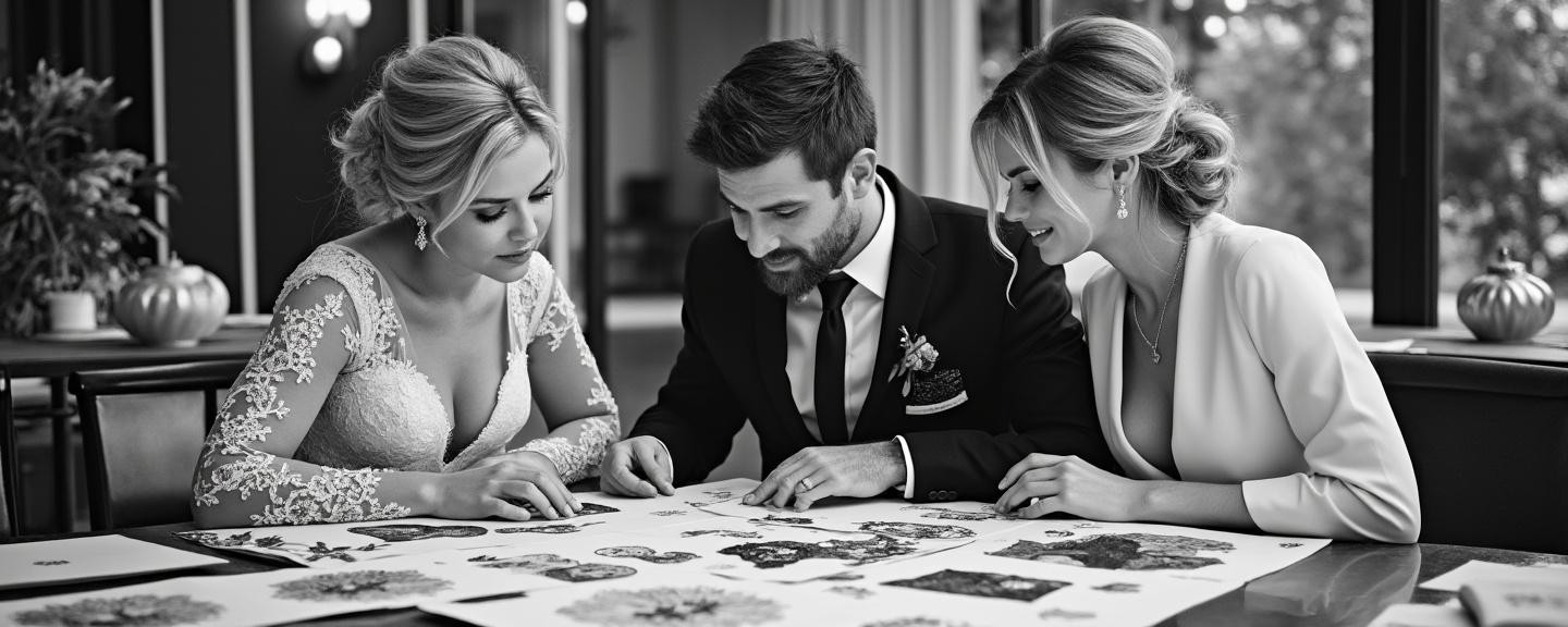 Bride and groom consulting with planner over wedding layouts and flower samples