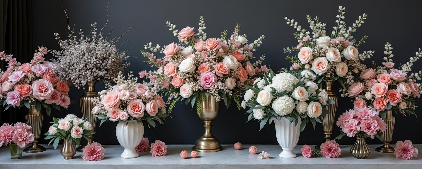 Lavish assortment of floral designs on stands and vases for different occasions