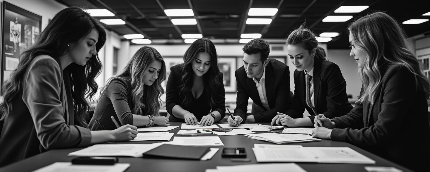 Group of professionals organizing schedules and logistics in an office environment