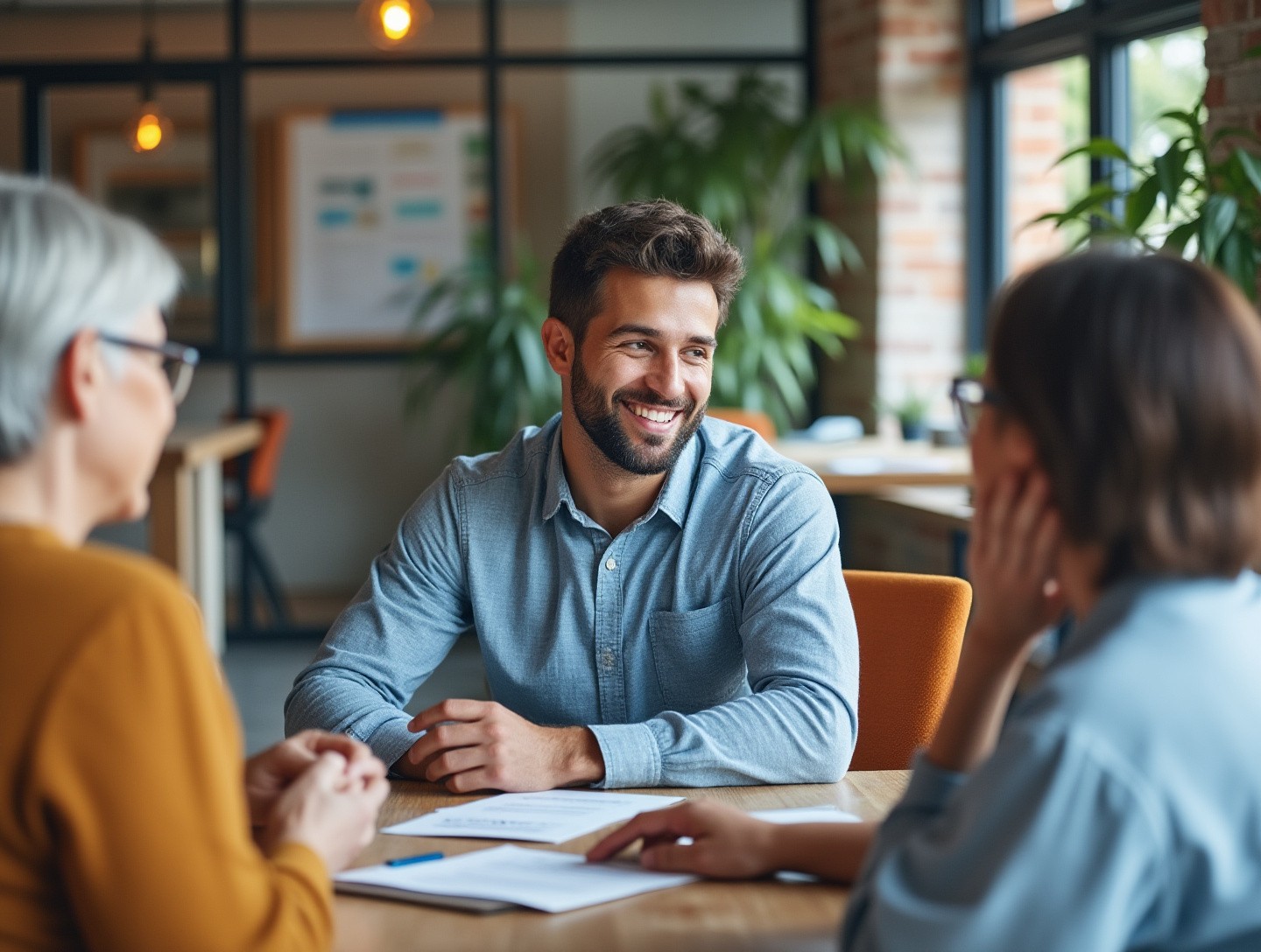 Discussing personalized policy options with attentive clients in a modern office