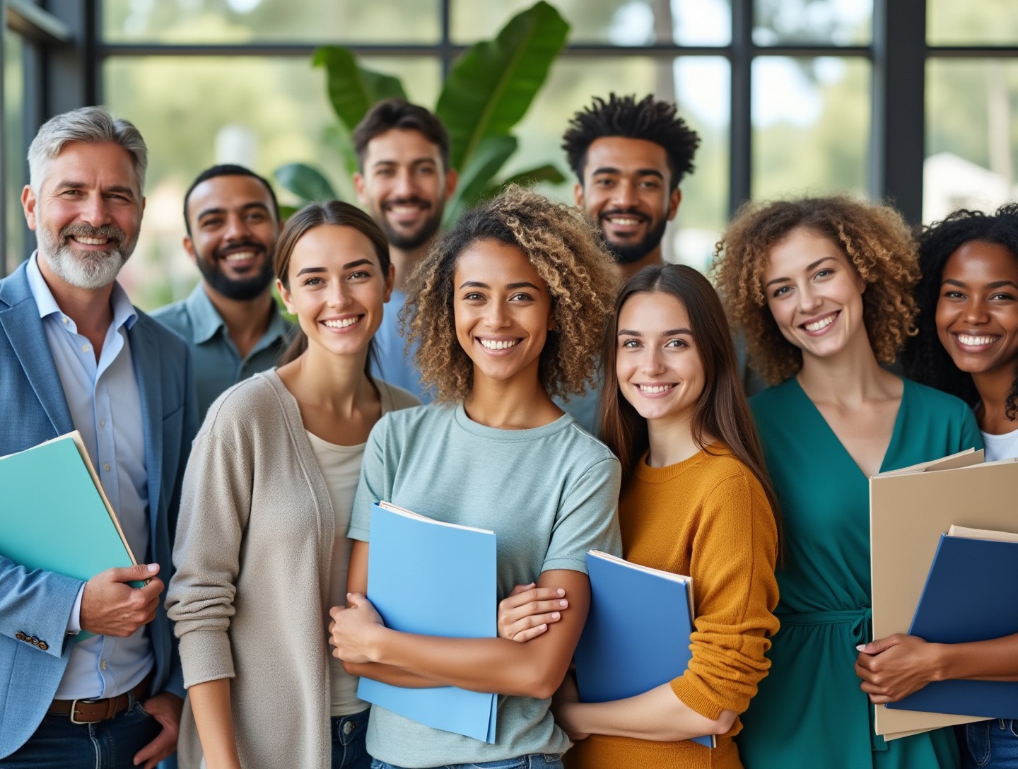 Smiling and holding folders, representing satisfied customers of Joe Health Care