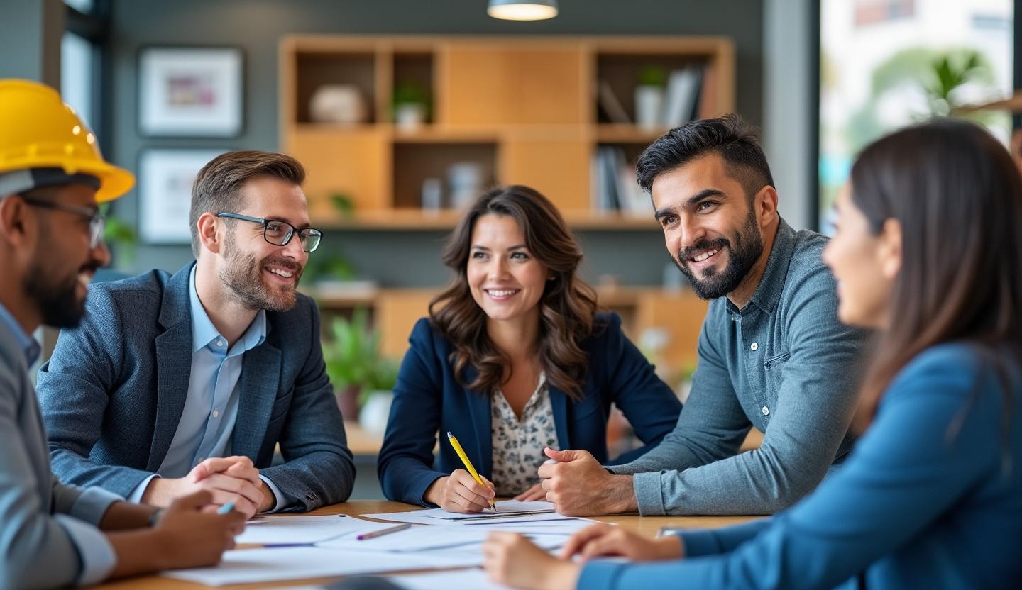 Group of professionals discussing tailored electrical solutions for various clients in an office setting