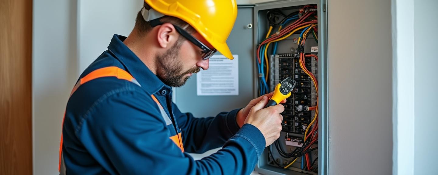 Interior of a house, focused on an open electrical panel with visible wires and circuits, the electrician wearing safety gear, using tools to examine connections.