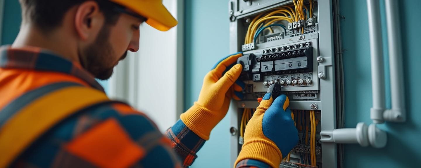 An electrician examining a circuit panel inside a residential home with tools, ensuring proper function and safety compliance.