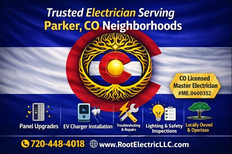 Root Electric | Licensed, Code-Compliant Electrical Services for Parker, CO Homes & Neighborhoods | Root Electric, LLC | Master Electrician Licensed & Insured in Parker, CO Serving Canterberry Crossing, Stonegate, The Pinery, and Douglas County. Call or Text: (720) 448-4018, CO | image1