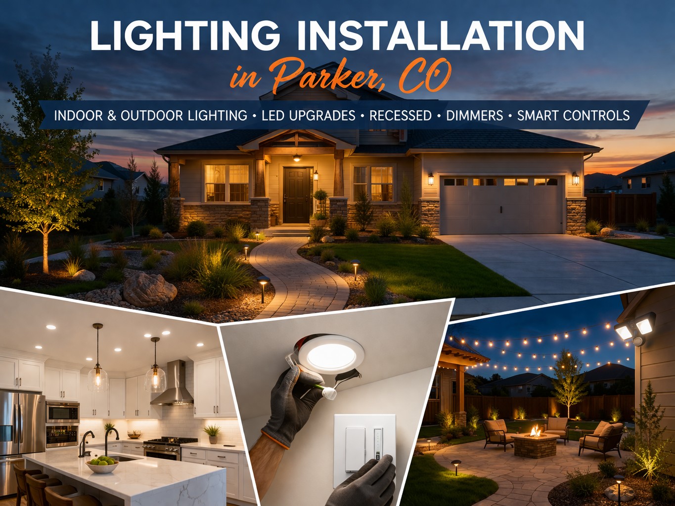 Collage of residential lighting installation in Parker, CO, featuring a well-lit home exterior, modern kitchen lighting, recessed light installation, dimmer control, and outdoor patio lighting.