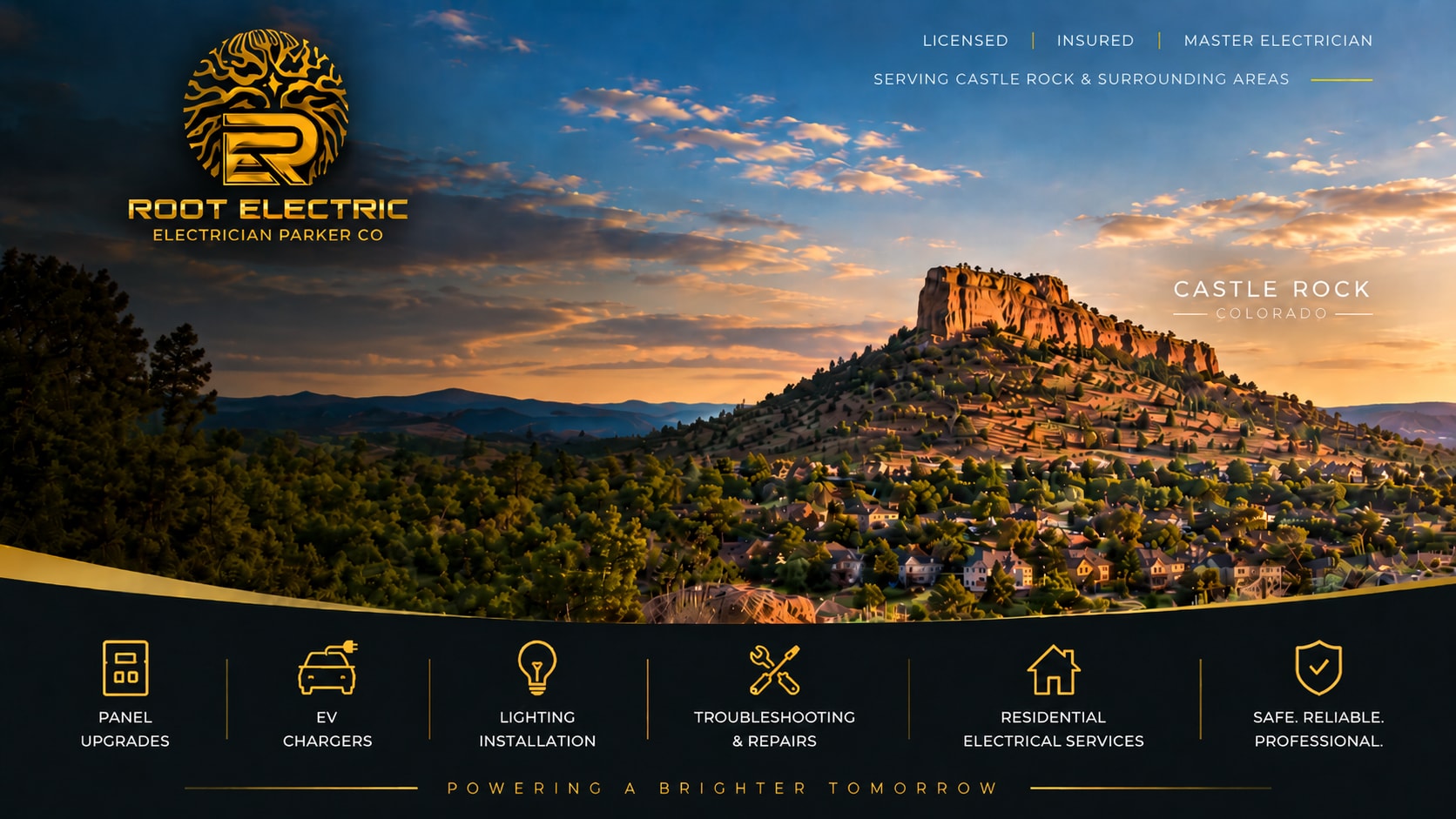 Root Electric LLC serves Castle Rock, Colorado, with residential electrical services including panel upgrades, EV chargers, lighting, and troubleshooting.