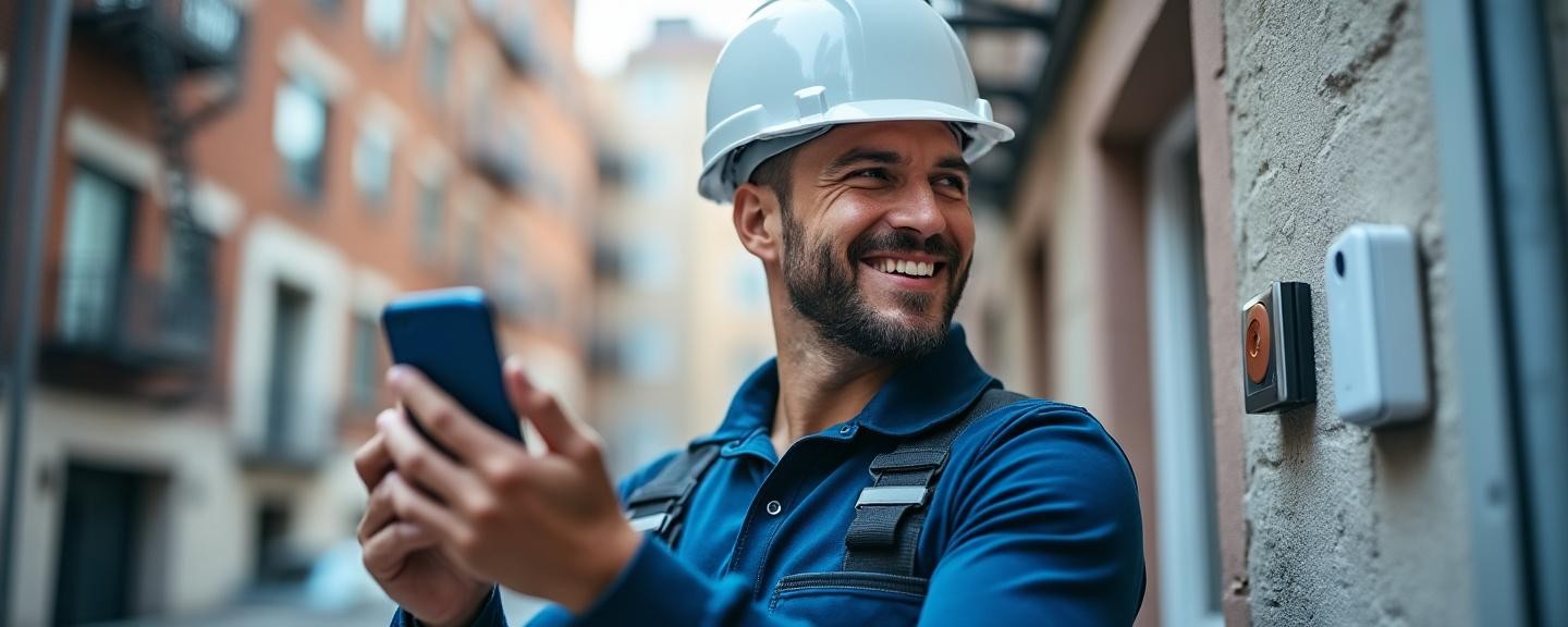 Working on a security system in Manhattan, NY, confidently explaining installation details to a property manager.
