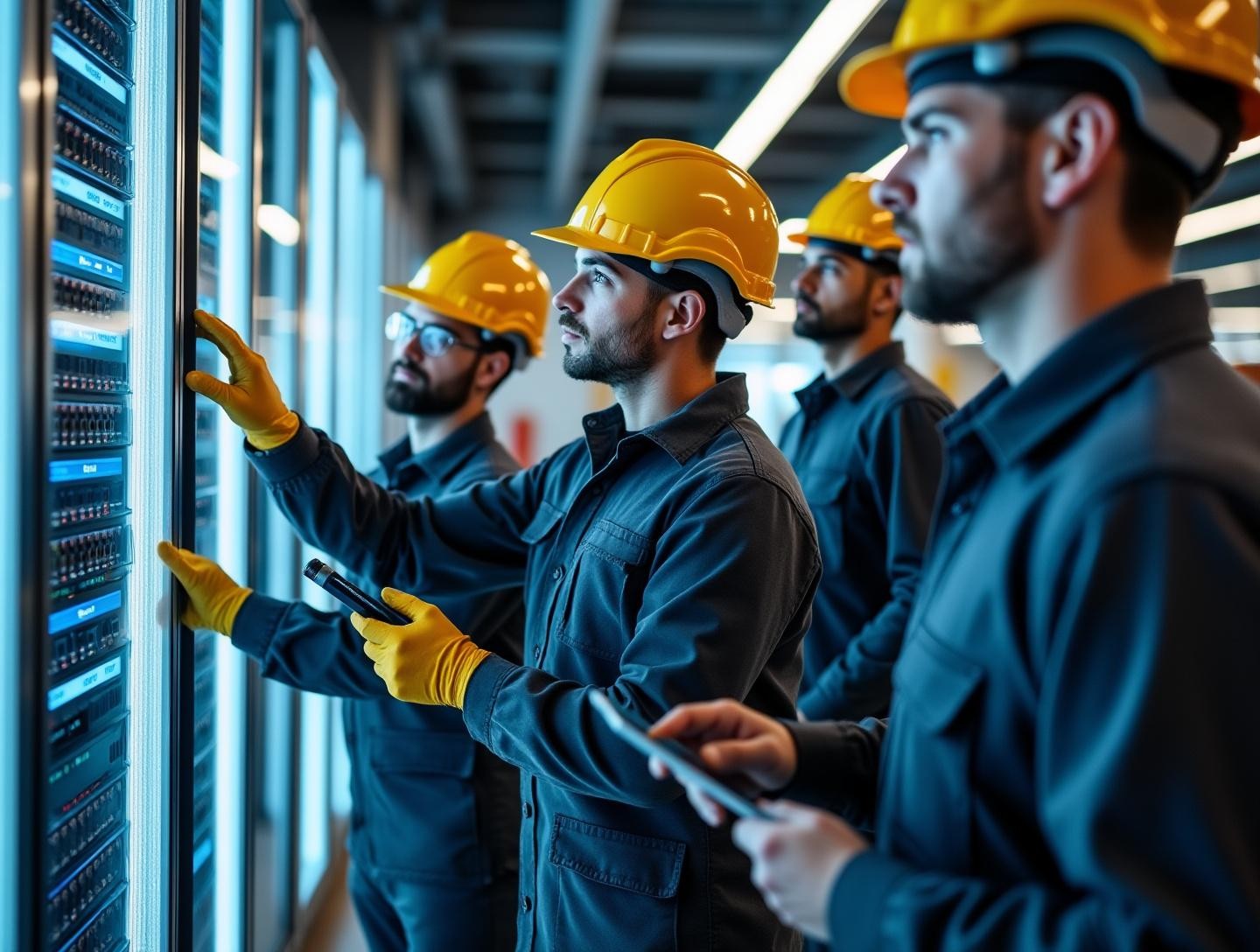 Configuring security systems in a modern urban property setting, emphasizing focus and teamwork.