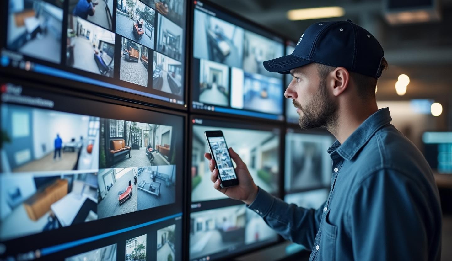 Professional examining multiple screens displaying footage from a recently installed security system, ensuring functionality.