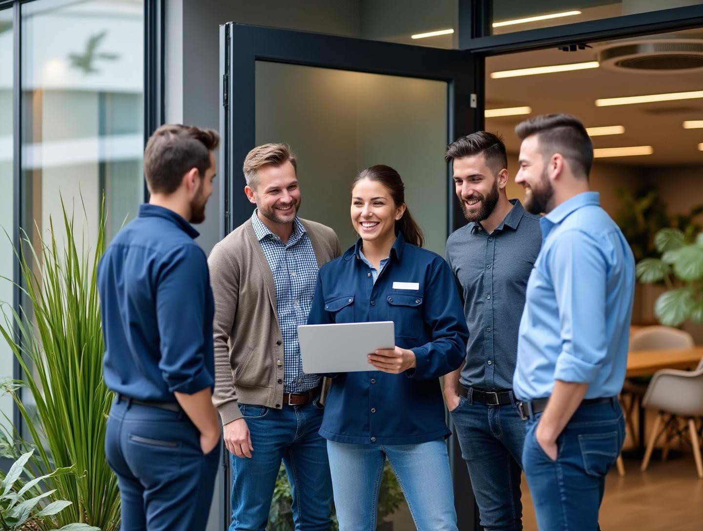 Smiling group gathered around a satisfied customer at their business entrance, discussing features of new security installations.