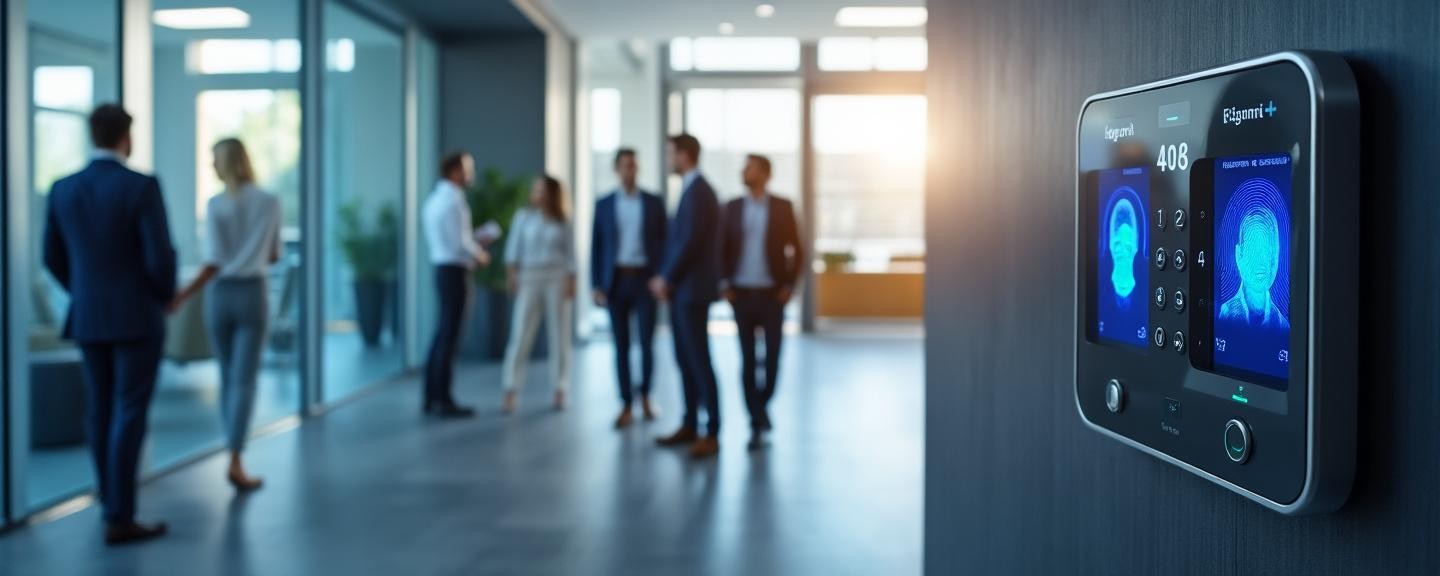 Modern office entrance with fingerprint and facial recognition panels being used by diverse business professionals.