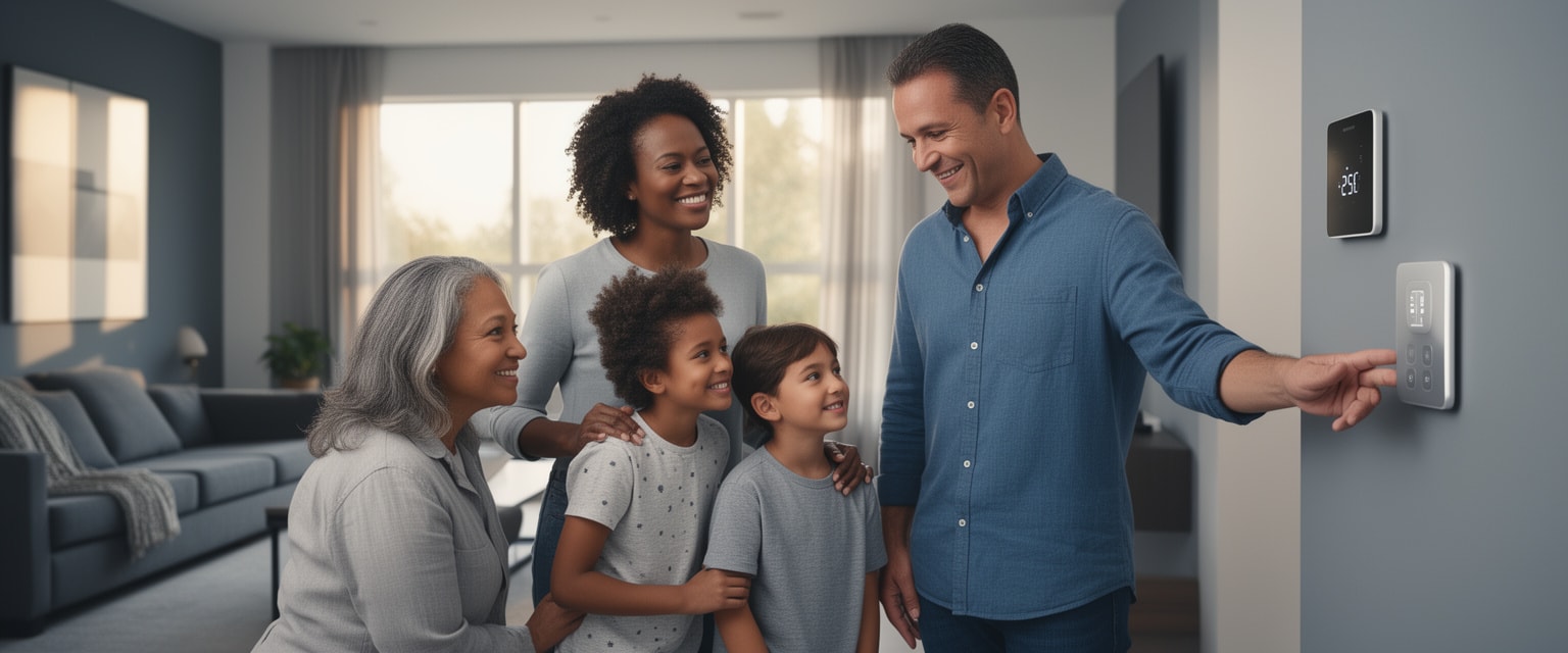 Diverse family enjoying modern smart home technology in a cozy living room setting.
