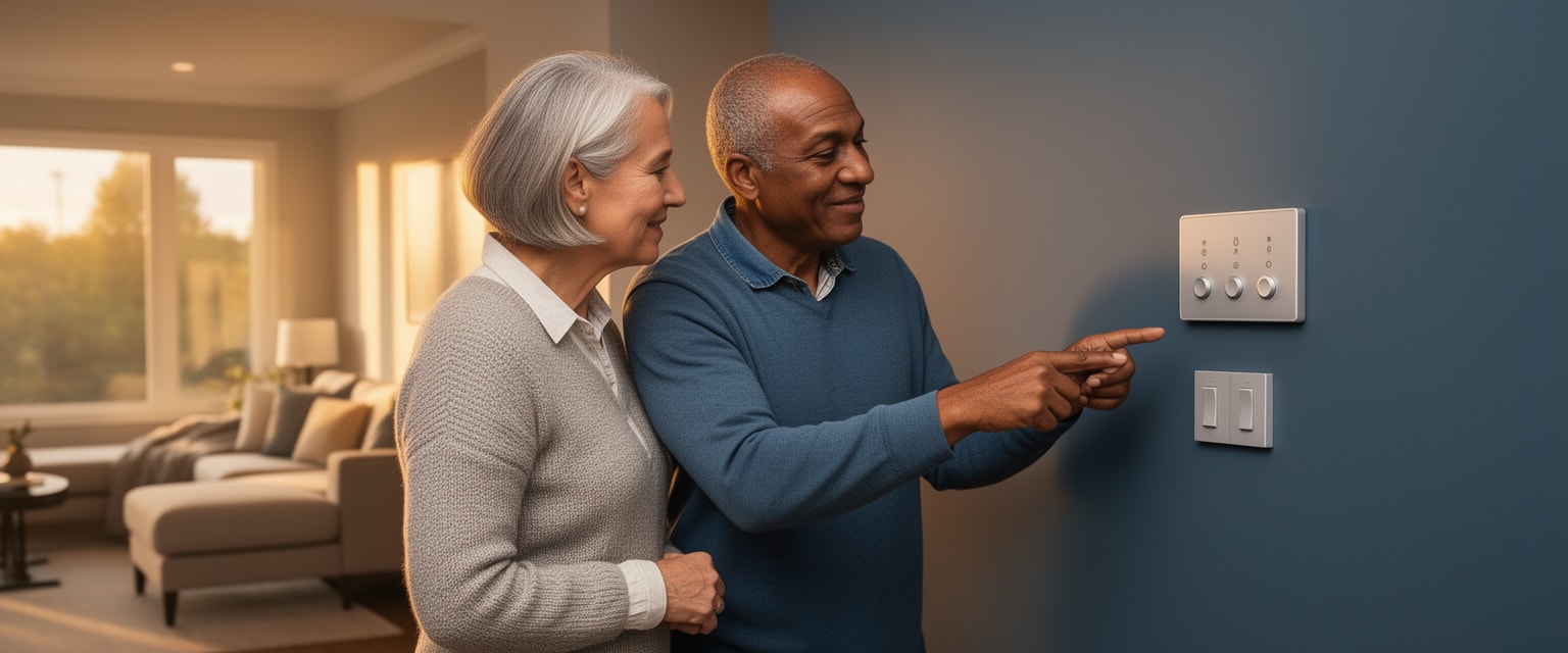 Couple adjusting smart home controls in a cozy family room.