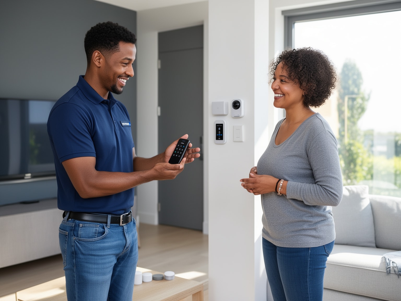 Technician demonstrating home automation devices to a homeowner in a modern living room.