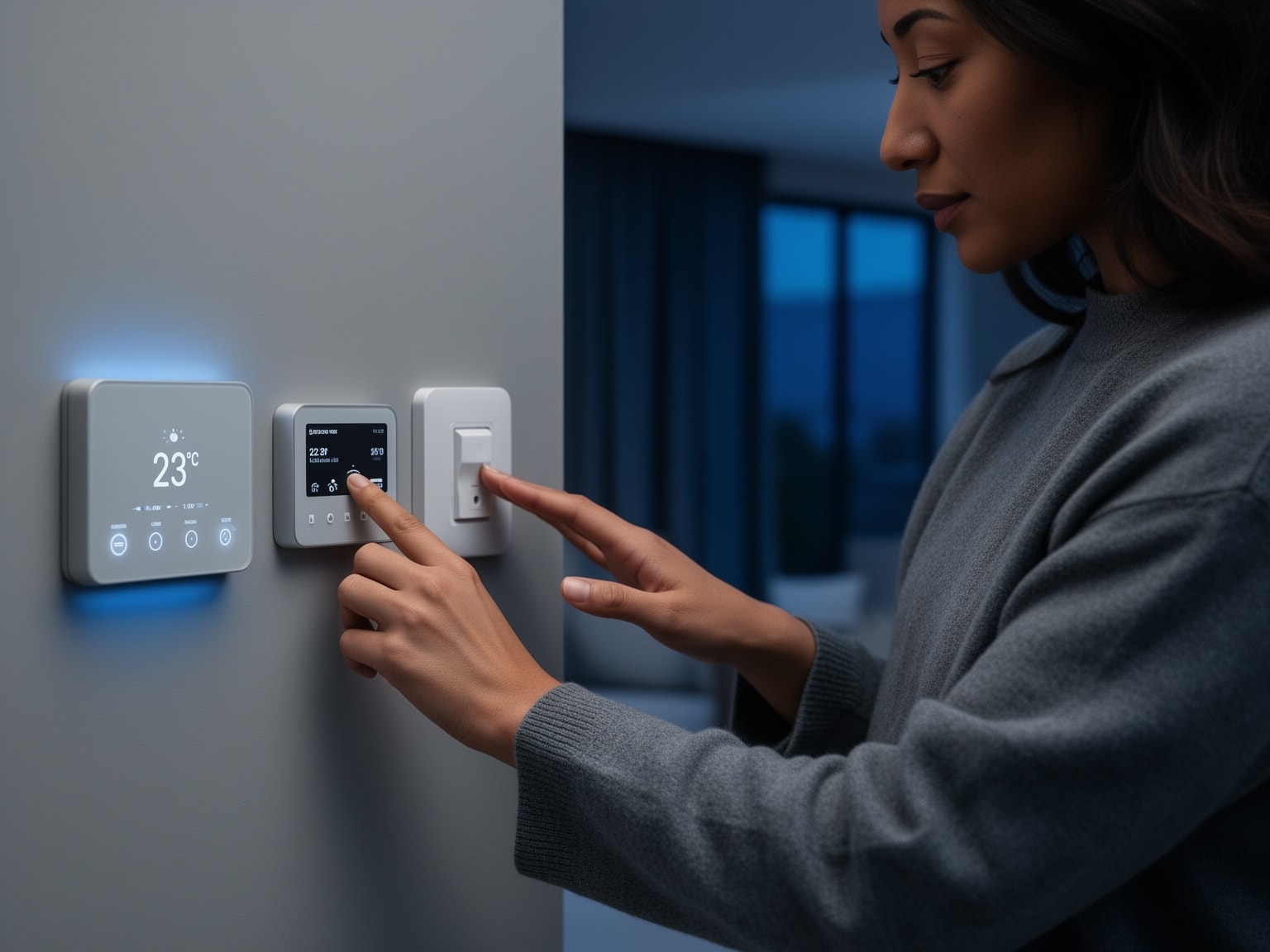 Adult using tactile controls to manage home automation systems in a modern living space.
