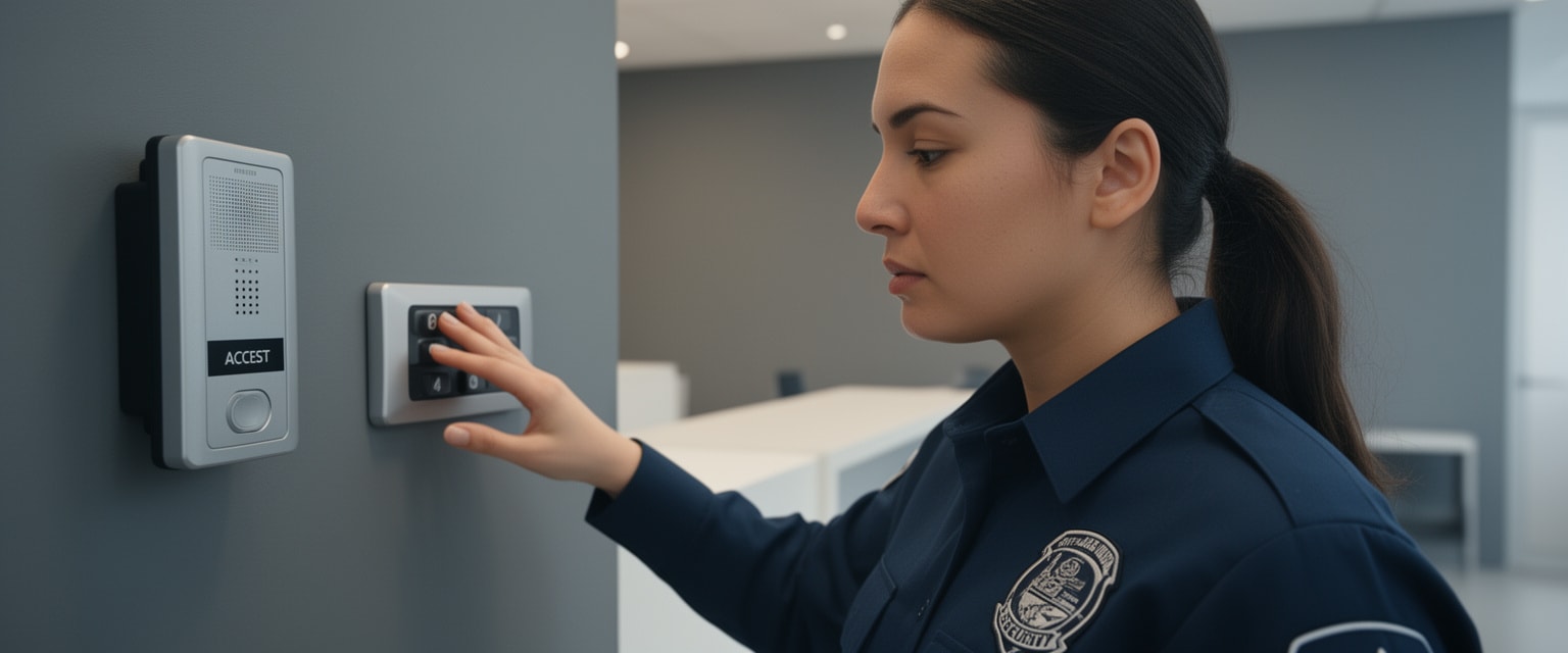 Security professional operates access control panel with intercom in building entrance area.