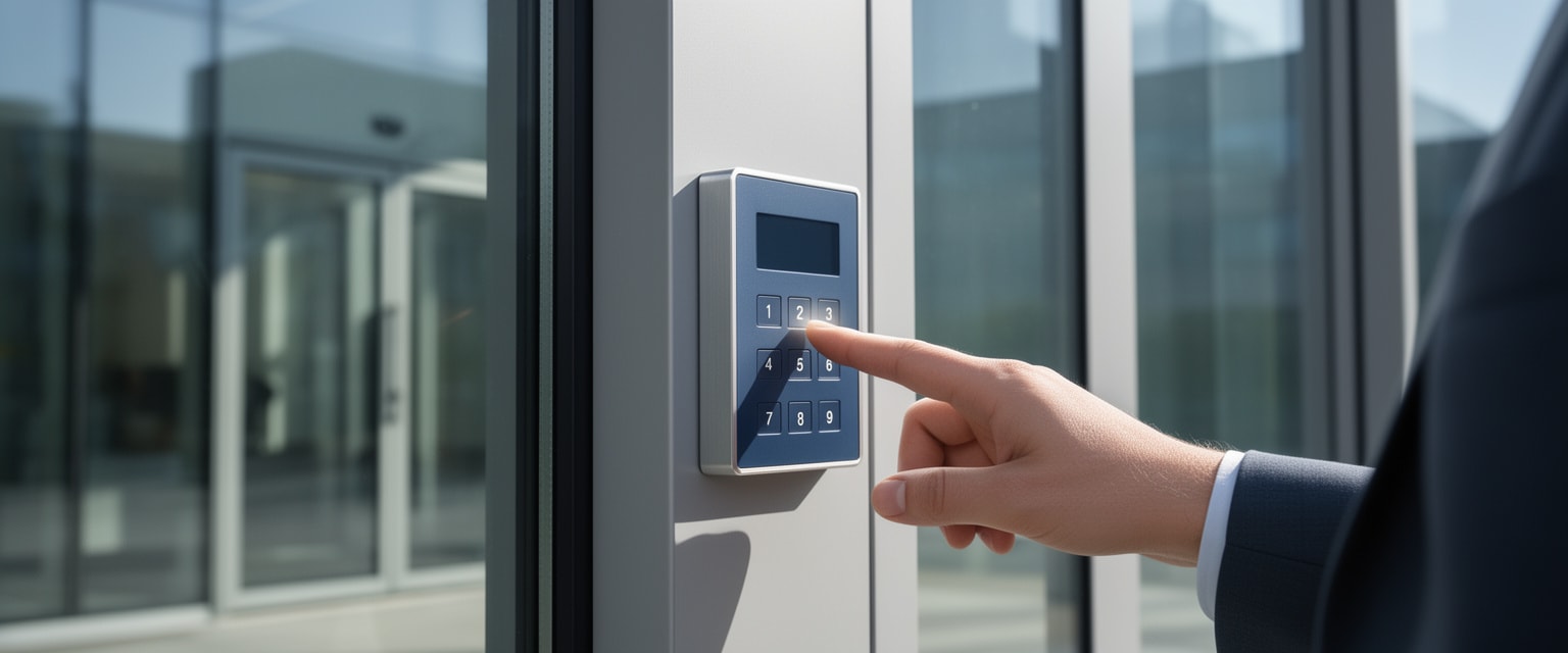 Close-up of a hand entering code on modern access control keypad next to glass door at office entrance.