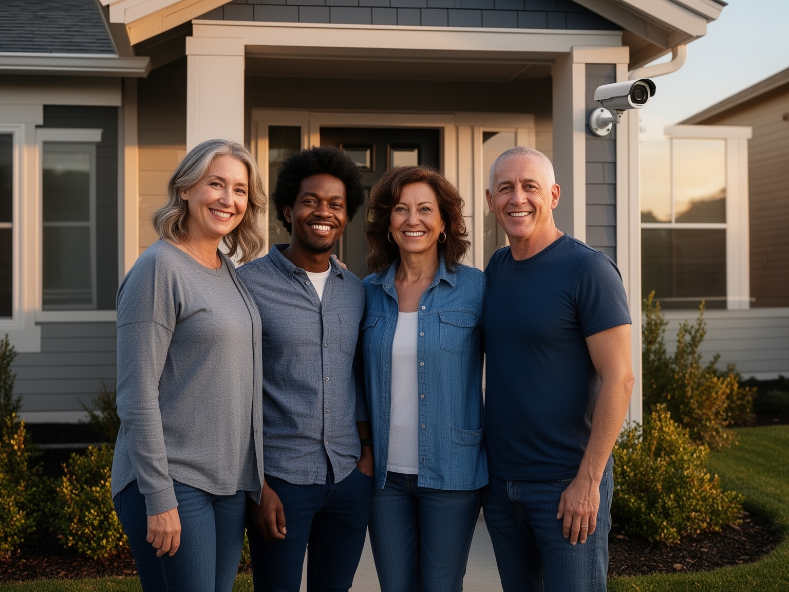Diverse group of happy homeowners standing outside home secured by surveillance camera