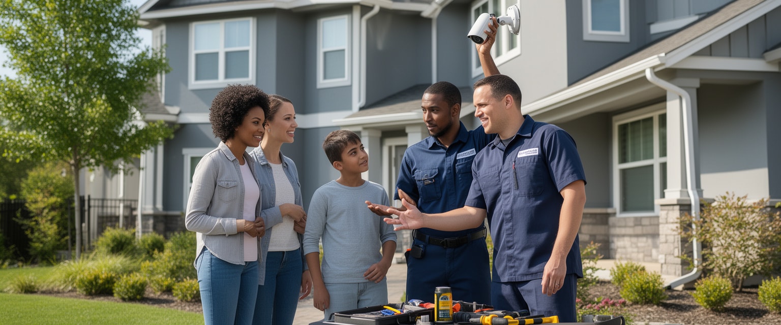 Professional installer demonstrating security camera installation to family outside home