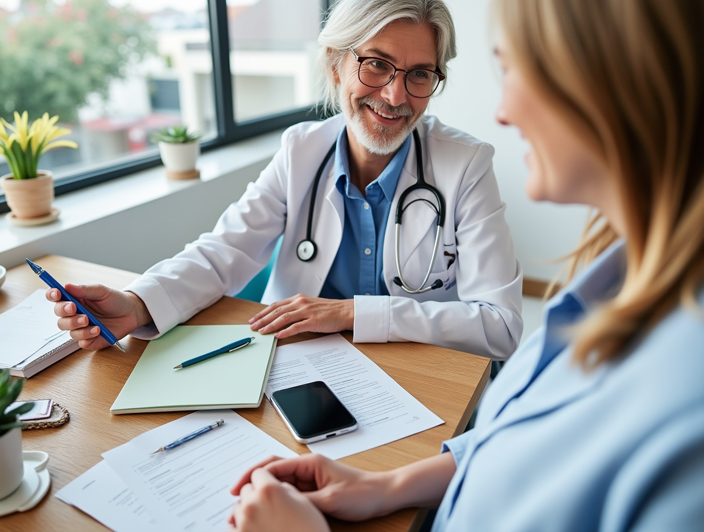 Professional guiding a client through diabetes self-care practices, featuring educational materials and support tools.