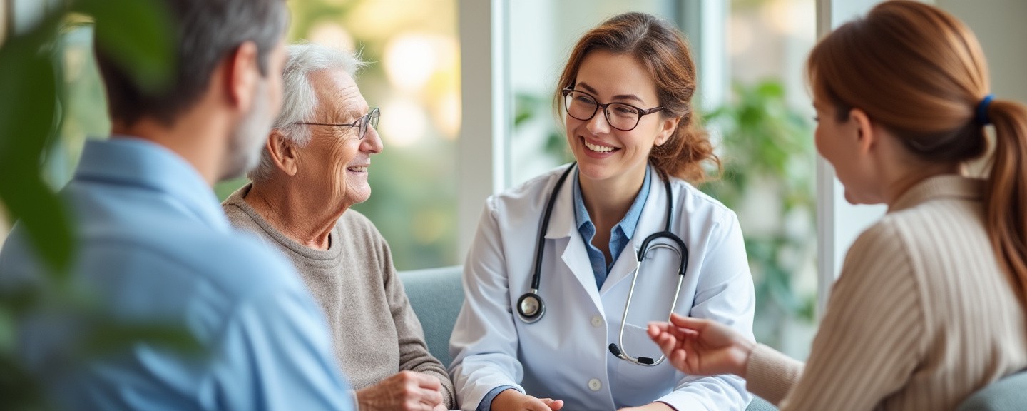 Sitting with a patient, discussing and customizing a care plan in a warm, inviting medical office