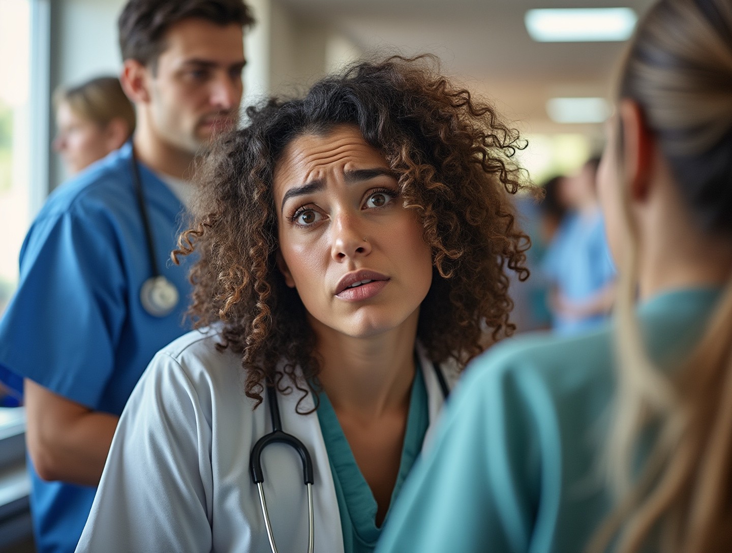 In a busy hospital environment surrounded by impersonal medical staff, looking confused and neglected