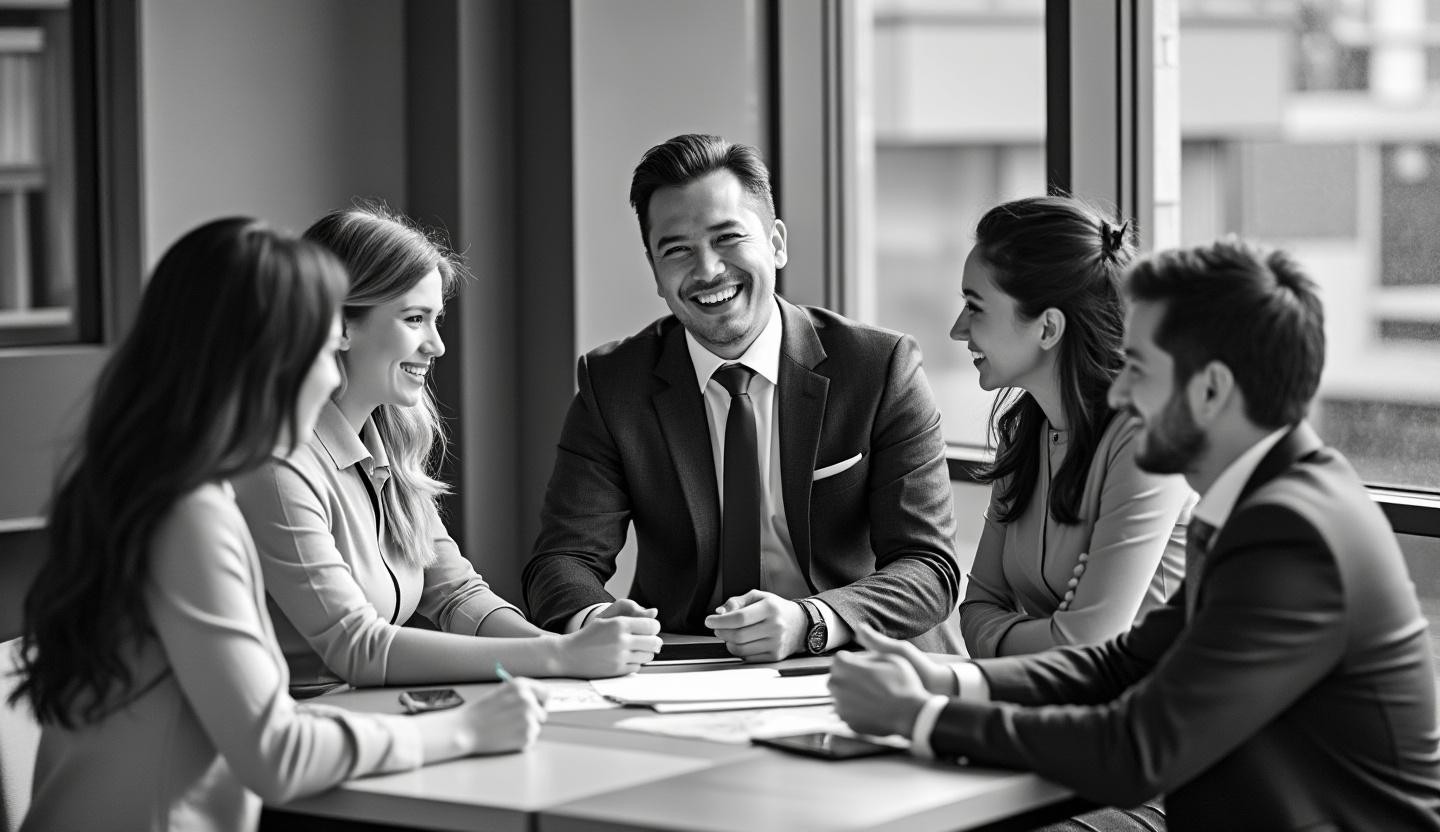 Corporate office setting with people engaging in discussion around a table