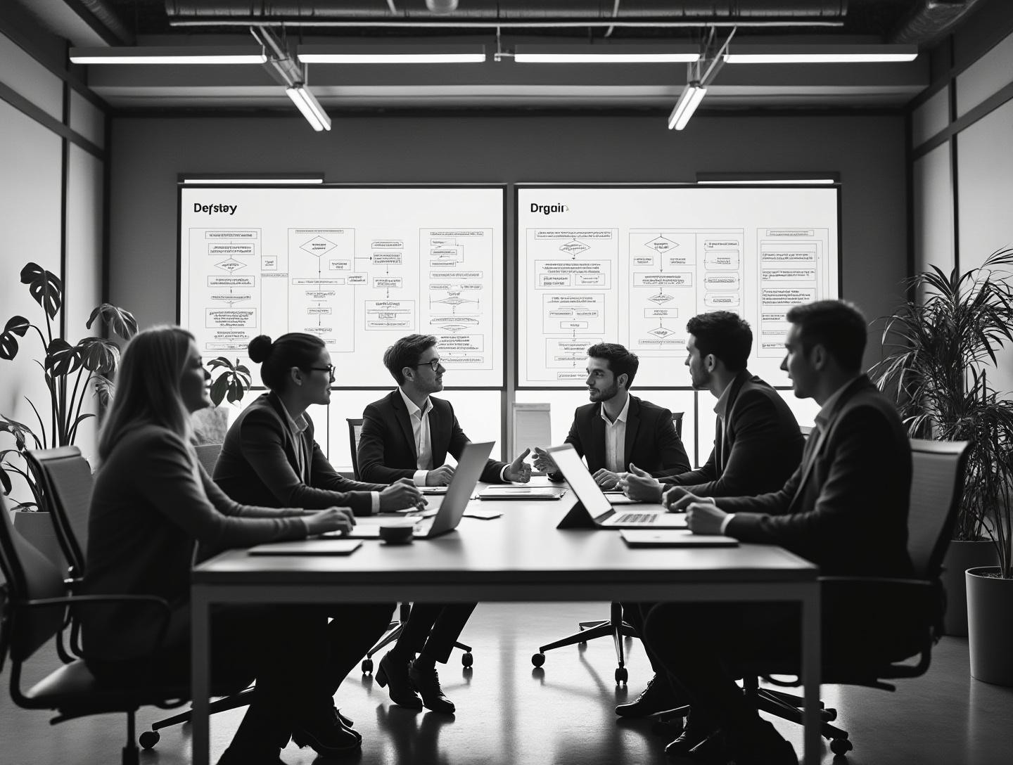 Open office space with executives reviewing documents and flowcharts