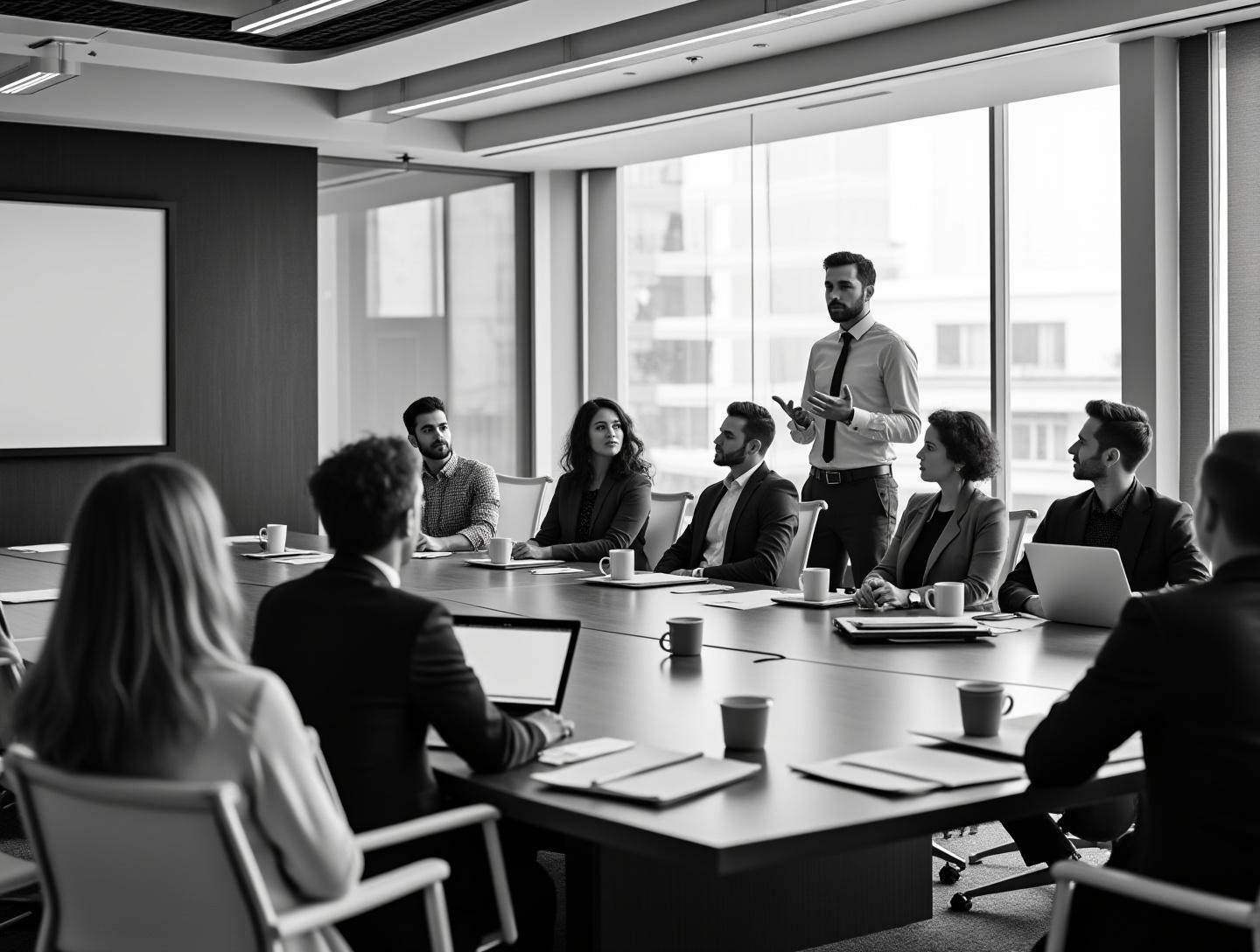 Large meeting room with employees attentively listening to presenter