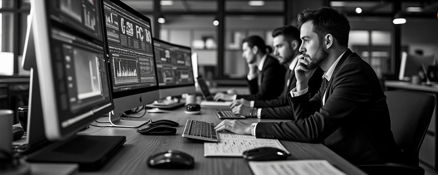 High-tech office environment featuring advanced software interfaces