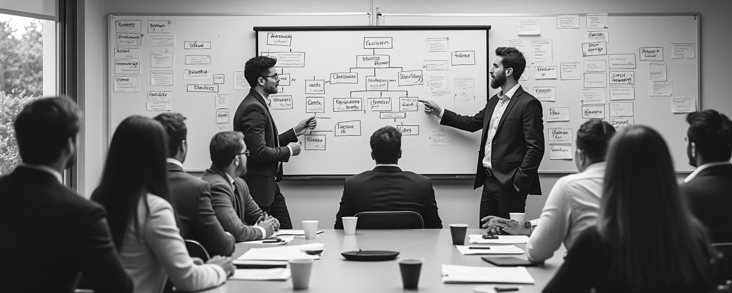Large meeting area with whiteboards and diagrams on display