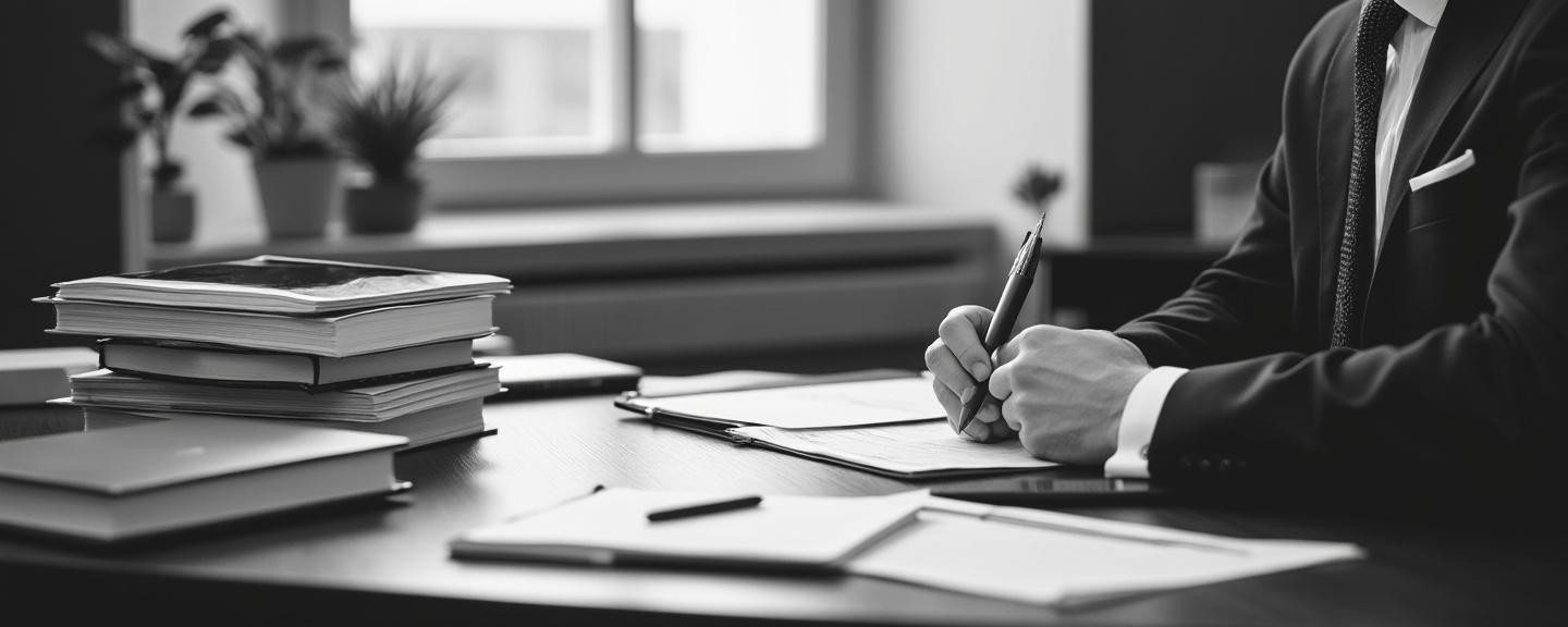 Quiet office setting with legal books and documents laid out