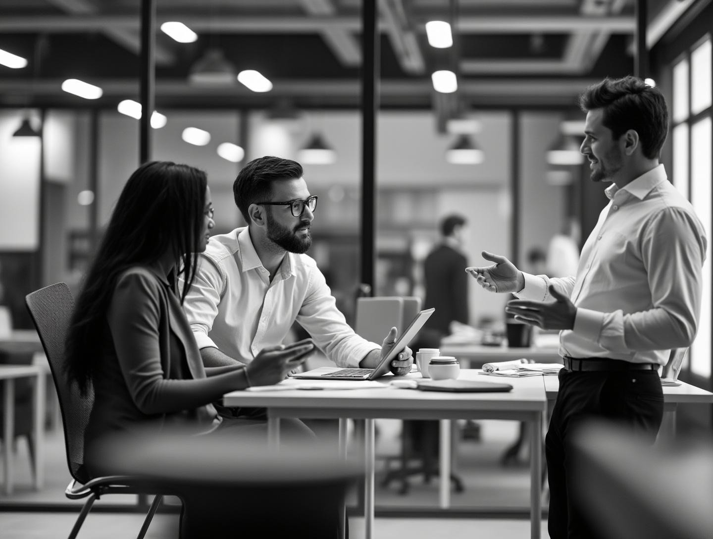 Modern office with manager and employee engaging in discussion, focusing on growth and productivity