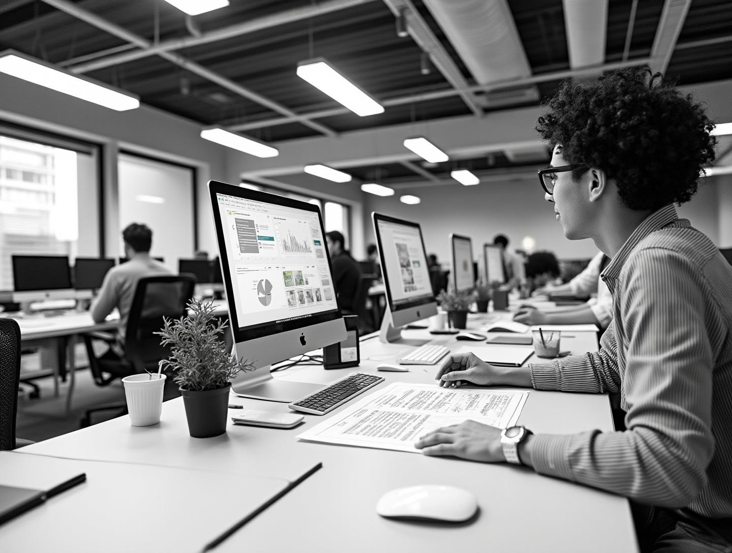 Employees working together at desks with computers, papers, and diagrams