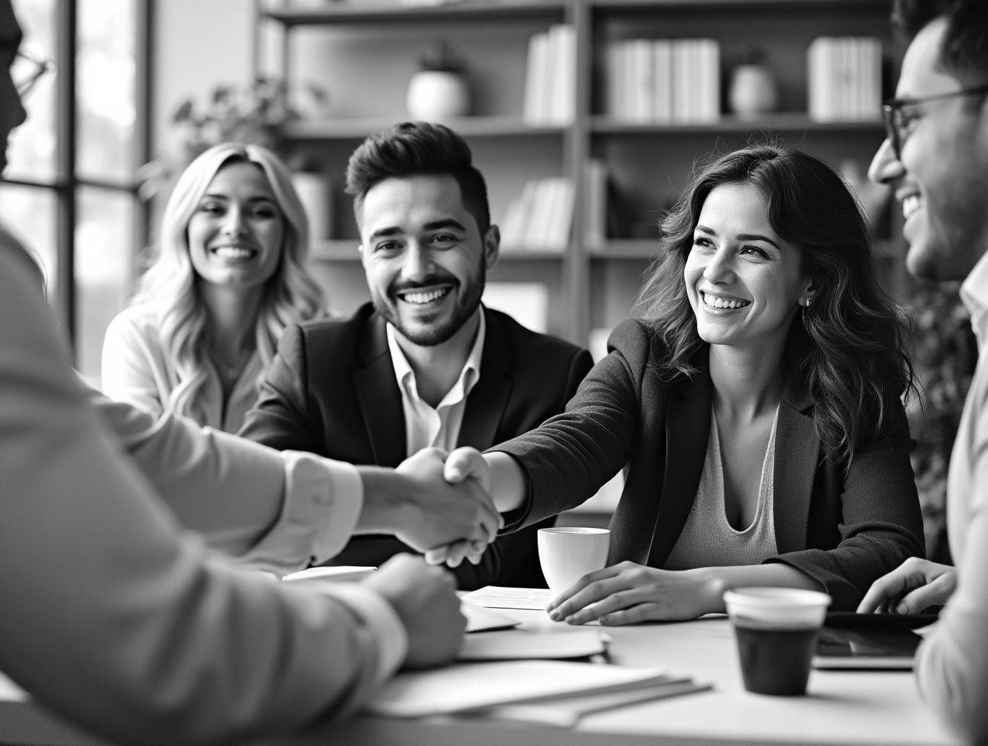 Diverse group of professionals smiling and shaking hands in a corporate environment