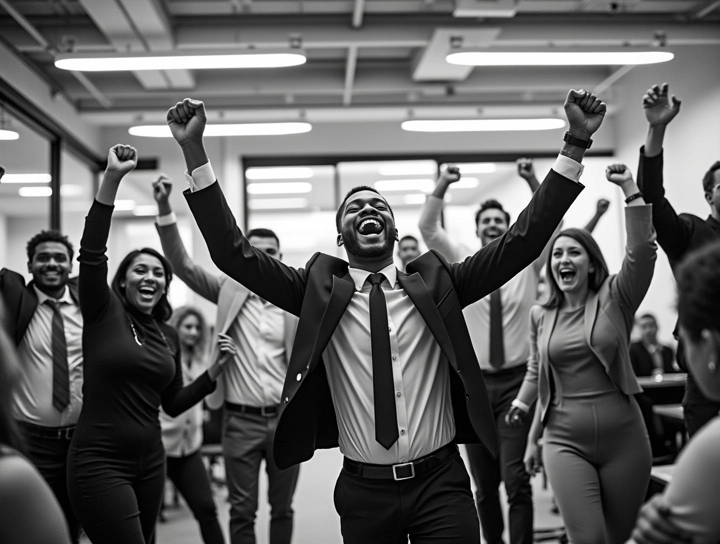 Group of diverse professionals cheering in a well-lit office space, symbolizing productivity and collaboration success.