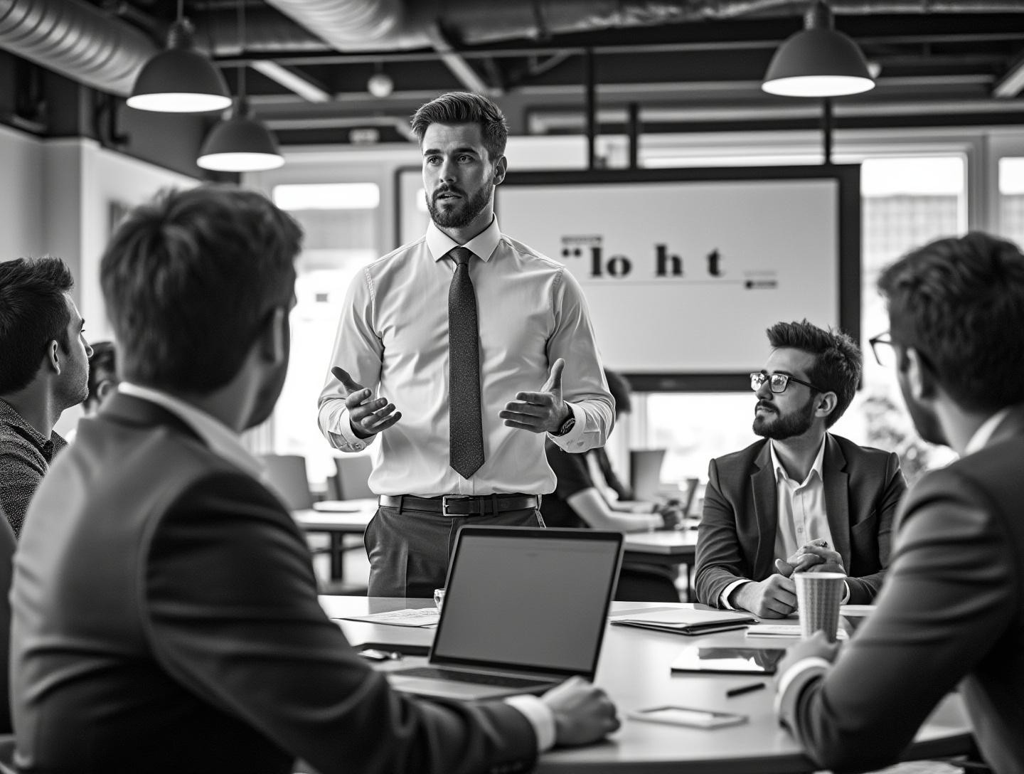 Explaining compliance requirements to a small group of attentive professionals in a conference room setting.