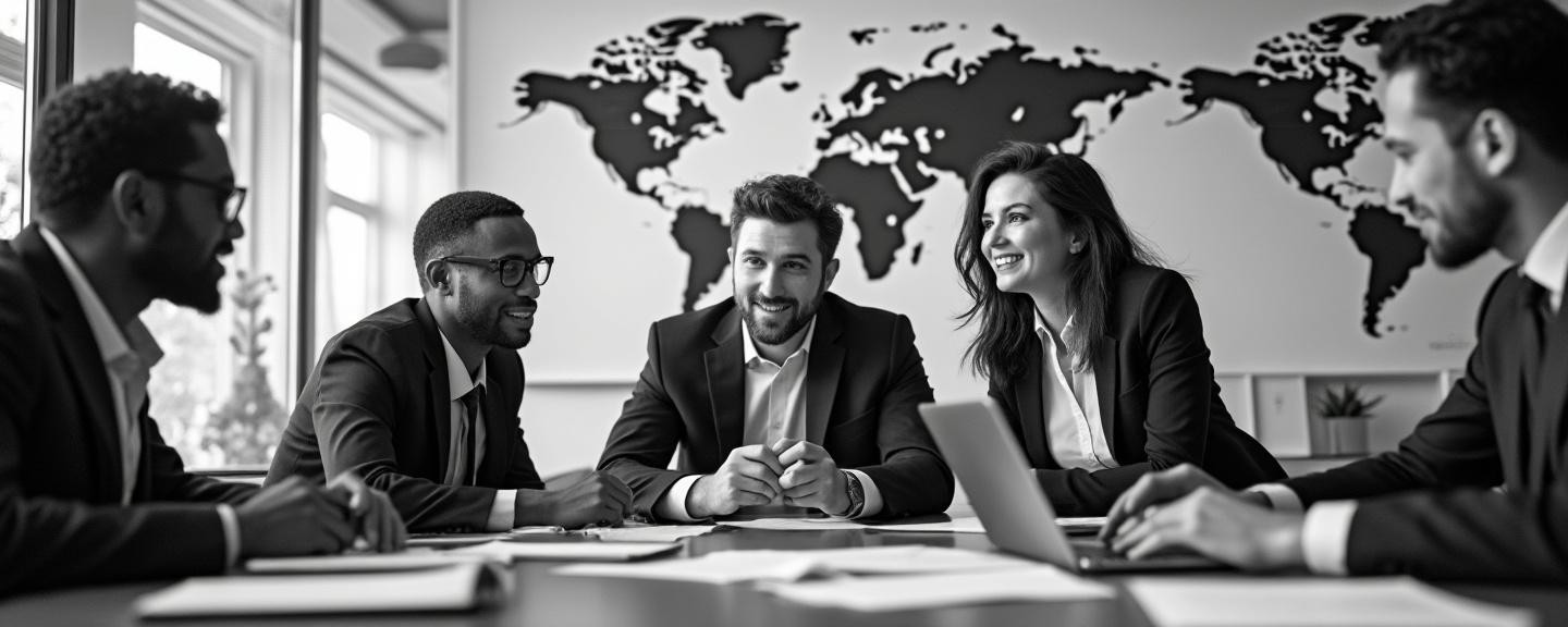 Diverse group of professional HR consultants collaborating in a modern office setting filled with world maps and technology.