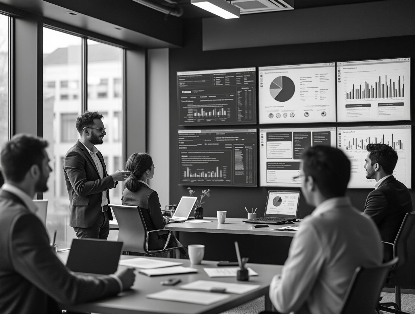 Team of business professionals analyzing data and charts on screens, focusing on global HR strategy, in a contemporary workspace with diverse team members.