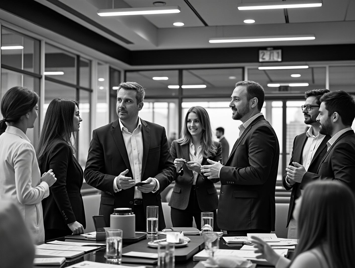 Networking event with executives and managers exchanging ideas in a conference room, featuring branding materials related to global business strategies.