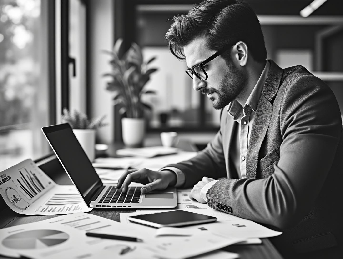 Surrounded by paperwork and graphs, with an expression of focus as they streamline processes
