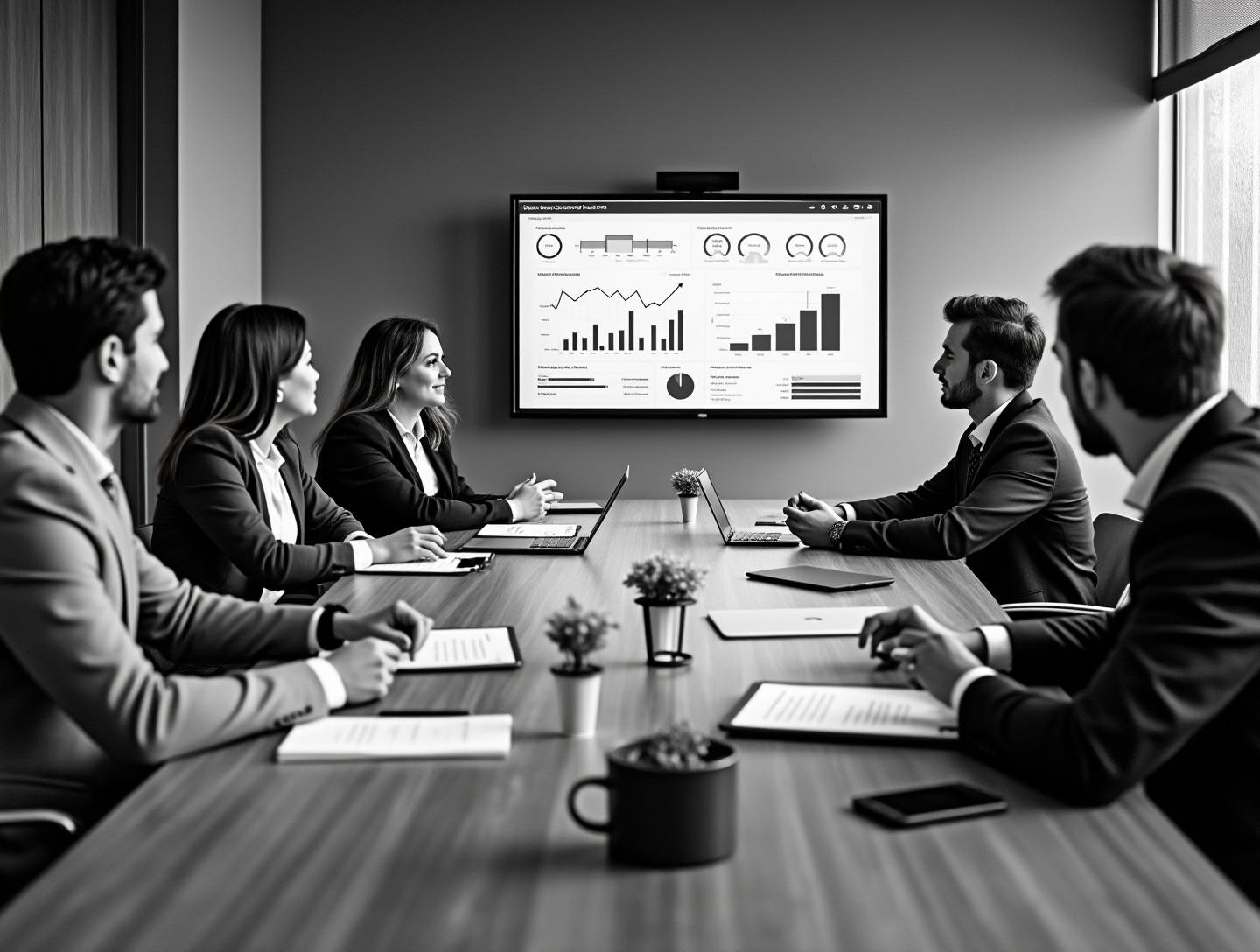 Conference room setting with participants discussing graphs on a large screen