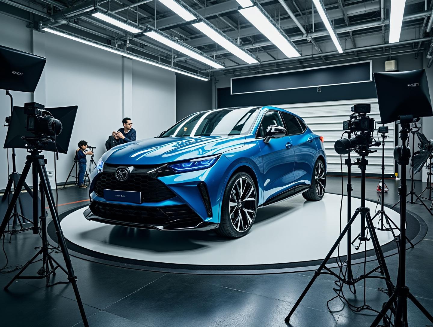Studio environment with camera equipment, lighting rigs focusing on a car model.