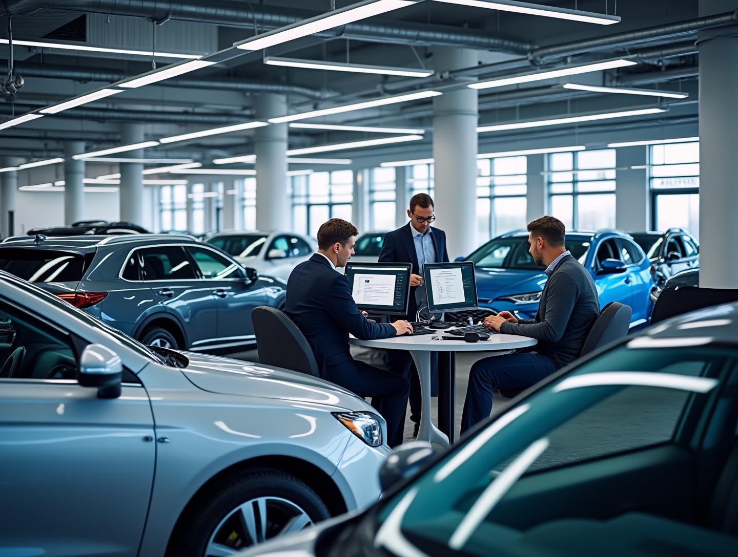 Marketing team at work with computers and cameras, collaborating on vehicle photography for dealership marketing solutions.