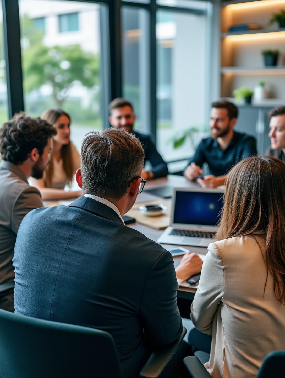 Diverse group of experts collaborating in an international business meeting room