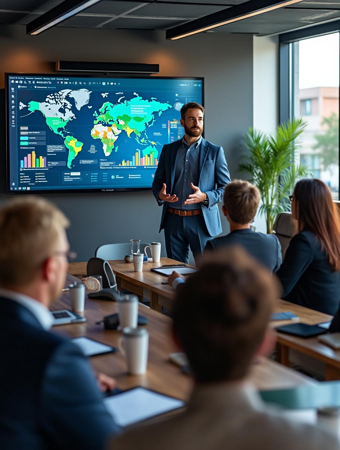 Conducting a workshop with digital presentations on global markets, set in an interactive meeting space.