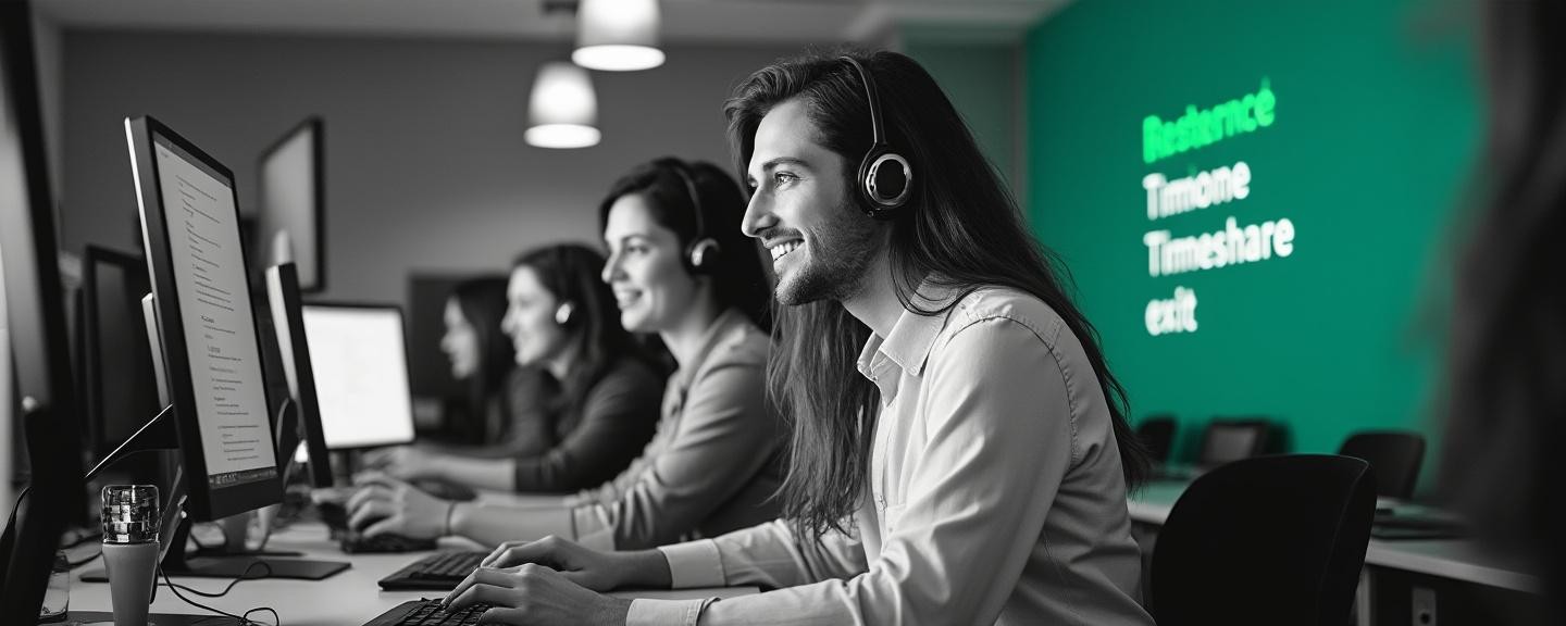 A team of call center representatives engaged in lively discussions at workstations with computer screens displaying timeshare exit information.